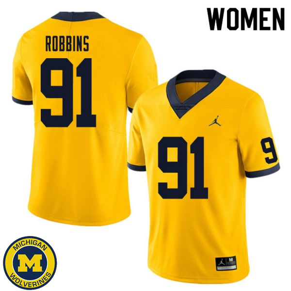 Women's University of Michigan #91 Brad Robbins Yellow NCAA Football Jersey